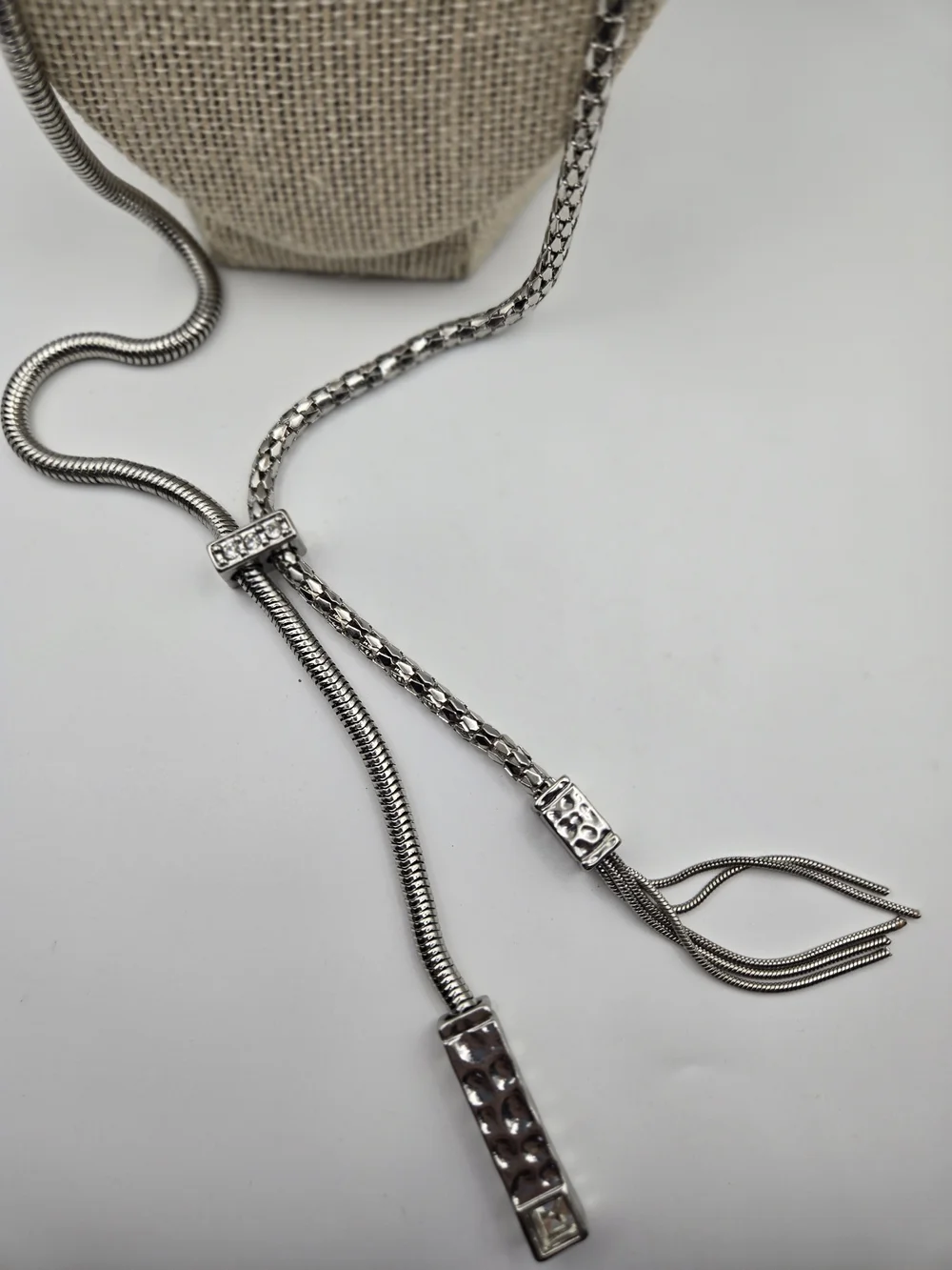 Chico's Silvertone Lariat Necklace Tassel Hammered Bar Rhinestone Accent Classic